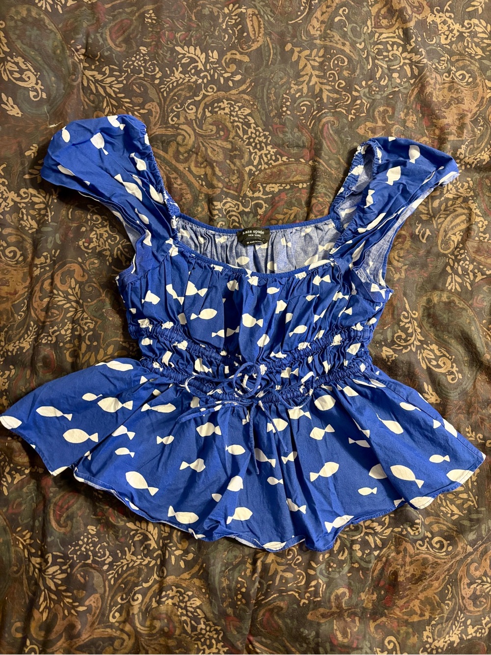 kate spade Blue Smocked Peplum Top with White Fish Print